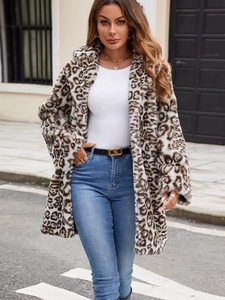 Manteau Femme Chic en Fausse Fourrure Imprimé Léopard Manches Longues Grand Revers Veste d'Hiver Chaude Mi-Longue Streetwear