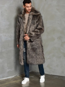 Men's winter long faux fox fur coat with lapels in taupe grey for premium luxury warmth