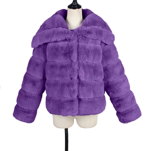 Detailed texture of purple faux fur jacket with large collar and striped design