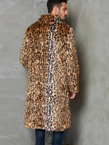 Men's faux fur leopard print long coat with warm thick texture and back gradient design