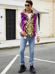 Gilet à capuche en fausse fourrure pour hommes avec imprimé léopard coloré et pelucheux