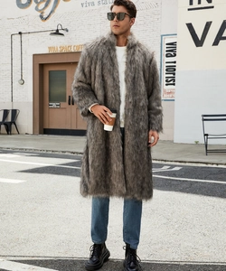 Outdoor street view of a men's faux fox fur coat with wide lapels and thick plush texture