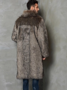 Men's faux fox fur coat with thick grey and brown long pile and a high collar