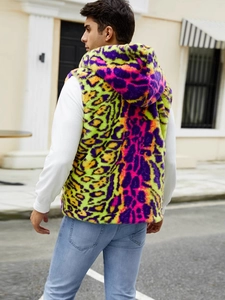Gilet à capuche pour homme en fausse fourrure imprimé léopard néon au style urbain