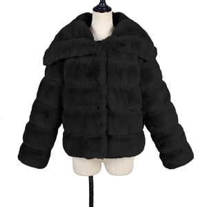 Close-up of black faux fur jacket featuring a wide lapel and horizontal stripe texture