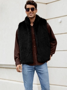 Gilet en fausse fourrure noire pour homme avec texture épaisse pour l'automne et l'hiver