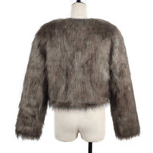 Rear view of a cropped brown faux fur jacket for women with a plush, fluffy texture