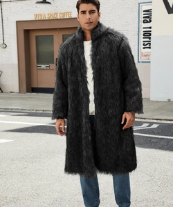 Men's long black faux fox fur coat with thick plush texture for winter warmth