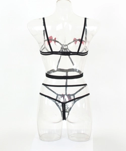 Vue détaillée du dos d'un ensemble de lingerie en dentelle noire avec nœuds rouges