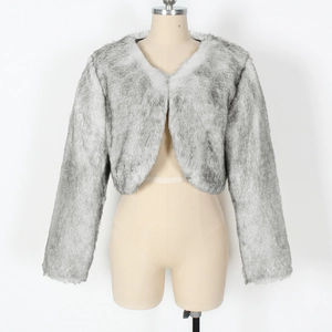 Detailed close-up showing the lush texture of the grey-white faux fur short jacket