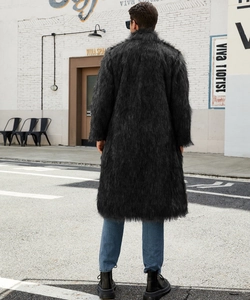 Back view of a long black faux fur coat for men featuring a thick plush texture