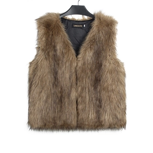 Detail view of the V-neck brown faux fur vest with soft plush texture and inner lining