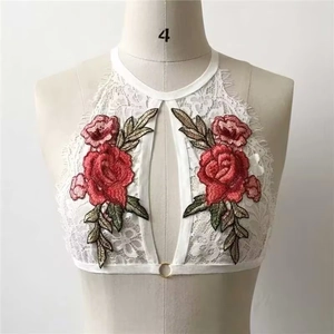 White lace halter bralette with red rose floral embroidery and metal ring detail