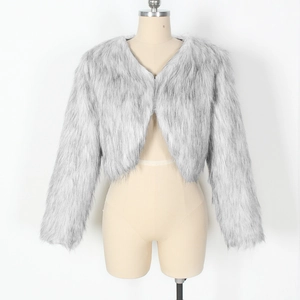 Detail view of soft long-fiber faux fur texture on a grey short cropped jacket