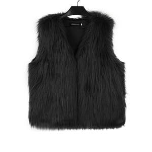 Detail view of the V-neck lining and long fluffy faux fur texture of the black vest