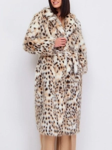 Women's Leopard Print Faux Fur Long Coat With Belt Suit Collar Luxurious Warm Winter Overcoat Fashion Outerwear