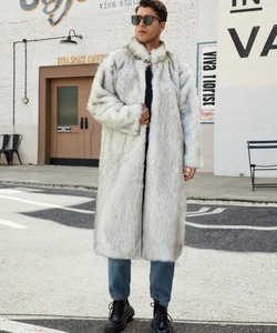 Detailed close-up showing the dense faux fox fur texture of this long men winter coat