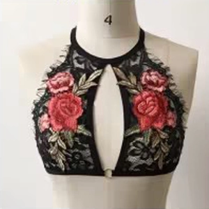 Black lace halter crop top featuring red rose embroidery and keyhole detail