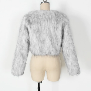 Back view of a cropped light gray faux fur coat for women with soft fluffy texture