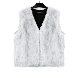 Close-up of fluffy silver faux fox fur vest with V-neckline and black inner lining