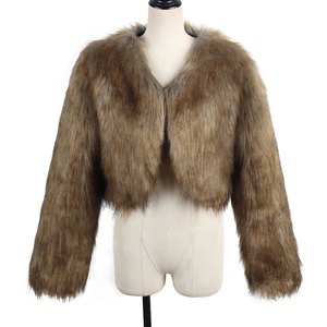 Close-up of the textured brown faux fur bolero jacket on a mannequin display