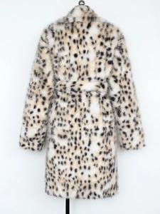 Detailed back view of mid-length faux fur leopard print coat with plush texture