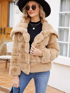 Women's faux fur jacket in camel with large lapels and short cut for winter fashion