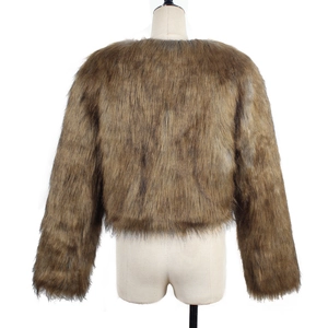 Detailed back view of a dark brown faux fur short jacket on a mannequin, soft hair texture