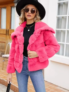 Short faux fur jacket for women in rose red with large lapels and fluffy texture