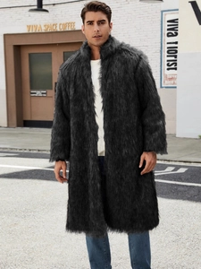Men Winter Faux Fur Long Coat Warm Plush Streetwear Faux Fox Fur Jacket Lapel Collar Single Breasted Loose Fit Outerwear