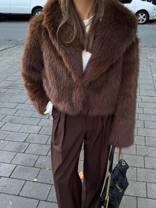 Women's dark brown faux fur short coat with large lapels and luxury styling
