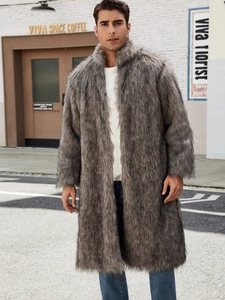 Men's stylish faux fox fur coat in grey-brown blend, warm long-length outdoor winter jacket