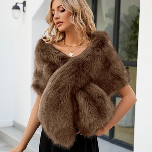 Elegant dark brown faux fur shawl with cross-wrap design for wedding and evening dresses