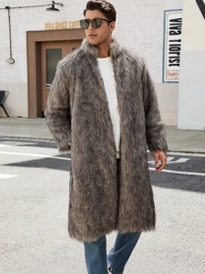 Men's stylish grey faux fox fur coat for winter warmth with thick plush texture