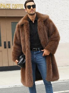 Herren Kunstpelz Mantel Lang Winter Warm Übermantel Reverskragen Einreihig Einfarbig Plüsch Streetwear Oberbekleidung Für Erwachsene Herren Kaffee