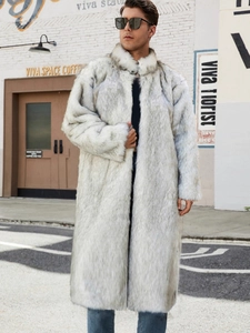 Men's light grey faux fox fur coat with stand collar for winter warmth in street style