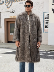 Men's long faux fox fur coat in taupe grey, luxury winter outerwear for cold weather