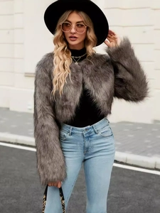 Fashionable grey faux fur short jacket for women featuring fluffy texture and casual style