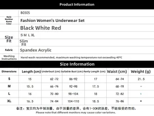 Detailed size chart for lace lingerie set including measurements for S to XL sizes