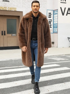 Eleganter dunkelbrauner Herren Kunstpelzmantel mit großem Revers für den Winter