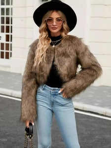 Fashionable brown faux fur cropped jacket for women styled with casual winter outfit