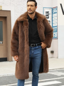 Stilvoller dunkelbrauner Herren-Fuchsfellimitat-Mantel mit dickem Kragen für den Winter