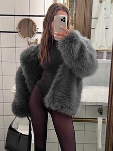 Deep grey faux fur winter coat for women with long fluffy artificial fox fur texture