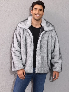 Men's stylish faux fur coat with thick plush collar in grey-white faux mink texture