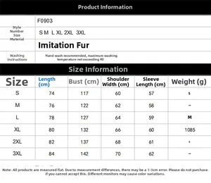Detailed size chart for faux fur leopard jacket showing measurements from S to 3XL