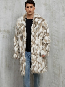 Manteau Long en Fausse Fourrure pour Homme Hiver Chaud Épais Imprimé Léopard Avec Col Tailleur Coupe Ajustée Veste