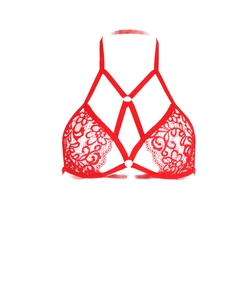 Détail du soutien-gorge harness en dentelle rouge avec sangles élastiques géométriques