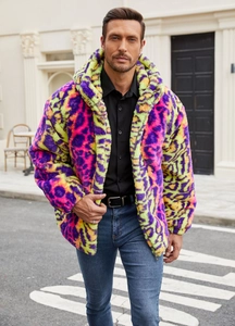 Detailed view of neon colorful leopard print faux fur texture and soft plush material