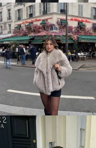 Vue détaillée du manteau en fausse fourrure gris-brun duveteux avec un revers épais style urbain