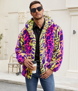 Detail of colorful leopard print faux fur jacket featuring vibrant neon purple and pink tones